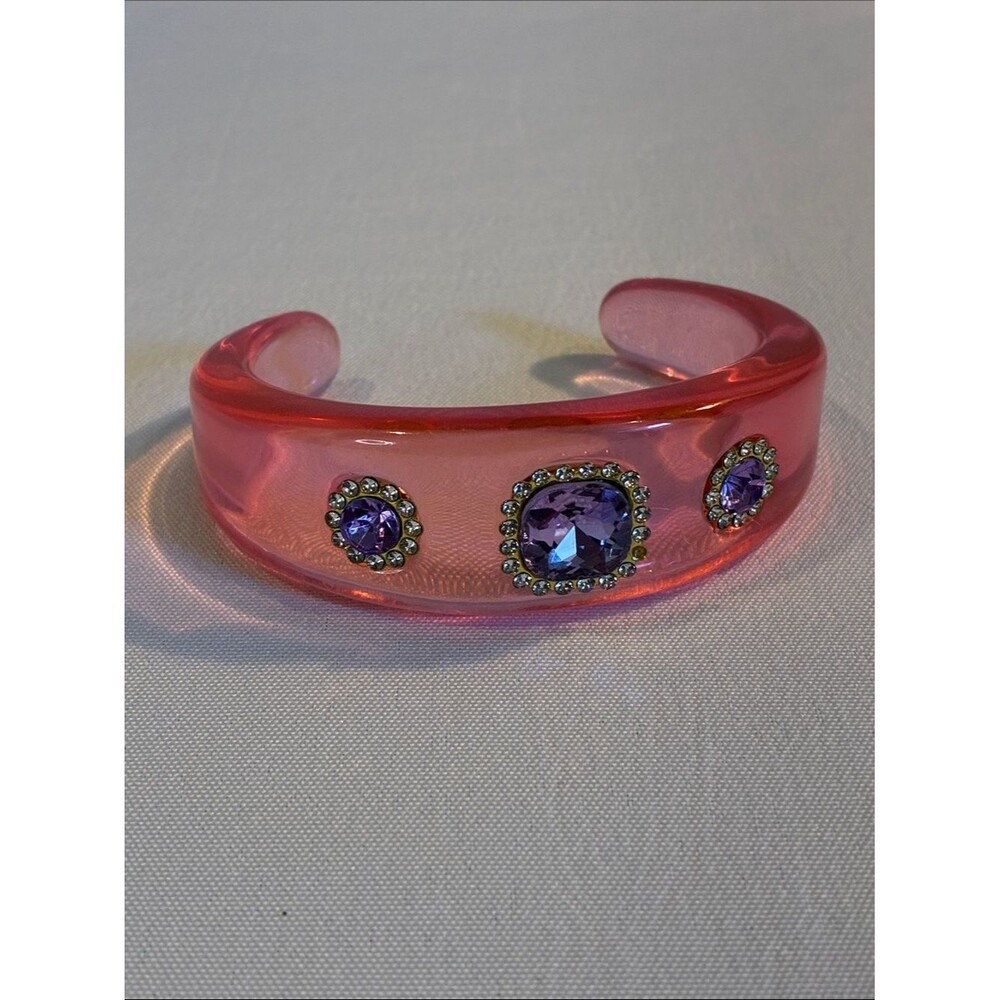 Pink acrylic bold chunky summer cocktail cuff bracelet with purple center stone
